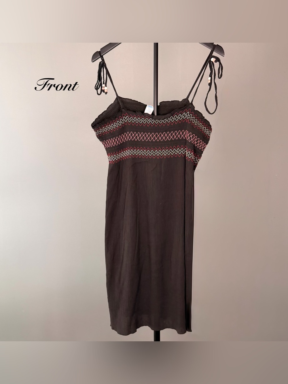 Sand N Sun Black Smocked Tie Strap Midi Dress Boho Y2K Beach Cover M Vacation